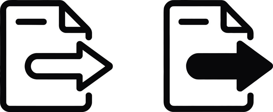 File export vector icon set in outline and solid black style for document transfer, data sharing, download, upload, file management, and digital interface design