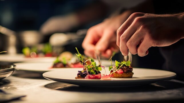 Chef hands carefully plating gourmet dish with microgreens and garnish in professional restaurant kitchen.