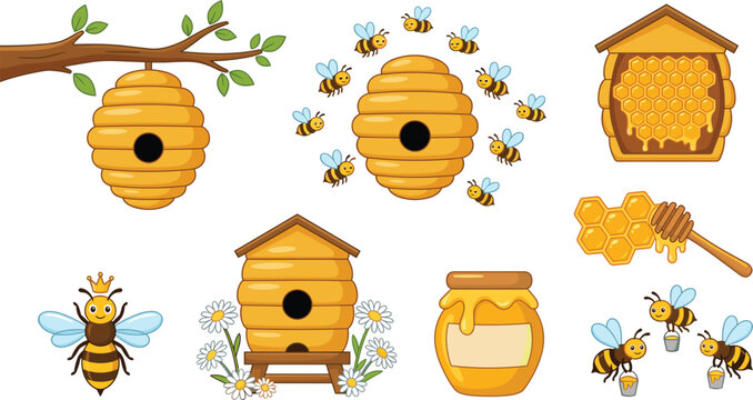 Honey Bee and Beekeeping Vector Character Set Featuring Beehives Honeycomb Jar Dipper Queen Bee and Swarm of Flying Insects for Organic Product Designs