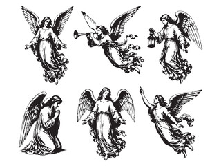 Fototapeta premium Flying and Praying Angels Vintage Religious Illustration Set
