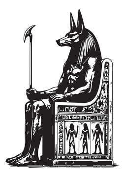 Hand Drawn Anubis Seated on Egyptian Throne