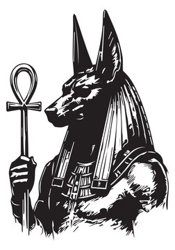 Hand Drawn Anubis Holding Egyptian Ankh