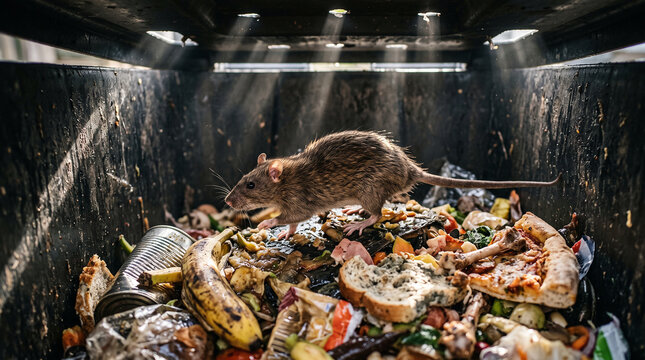 Rat in garbage bin: A brown rat scavenges on a pile of discarded food and trash inside a dark, grimy bin, with rays of light filtering down from above, highlighting the unhygienic scene.