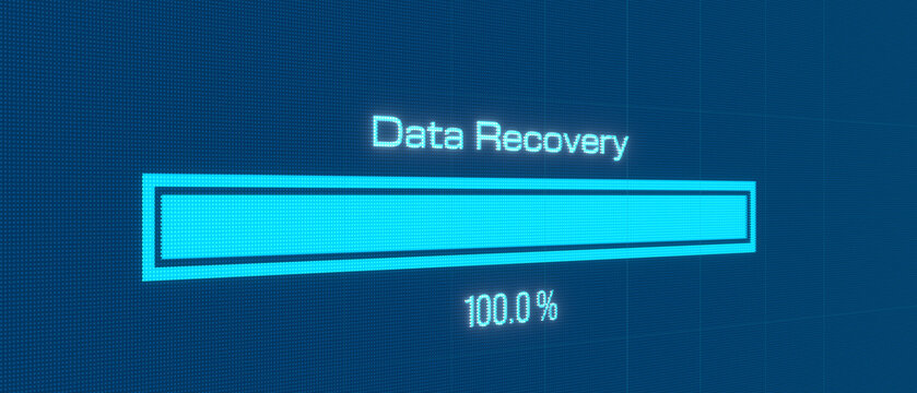 Data recovery progress bar. Recovery and restoration of damaged data storage media. Information technology, download, status, data storage, processing, digital asset management.