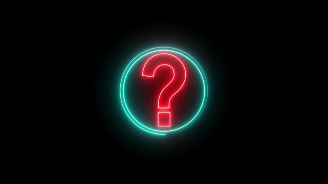 Glowing neon red and cyan color Question mark sign icon animation circle confusion mark quiz sign symbol.4k motion graphics video.