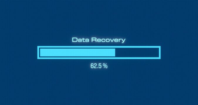 Data recovery progress bar. Recovery and restoration of damaged data storage media. Information technology, download, status, data storage, processing, digital asset management.