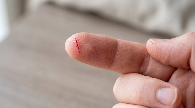 Minor Finger Injury: A close-up shot of a person's fingertip with a shallow cut, highlighted against a blurred background, illustrating a minor accident.
