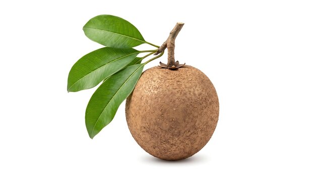 Single sapodilla fruit with green leaves attached, isolated on white background