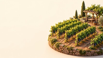 Naklejka premium Miniature vineyard with purple grapes a wooden pergola and cypress trees