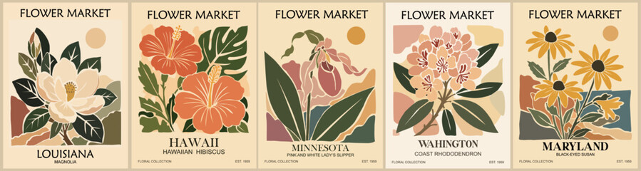 Naklejka premium Five vintage posters display blooming flowers in warm tones. Each flower represents a different U.S. State official bloom. Designs feature elegant, stylized petals and leaves