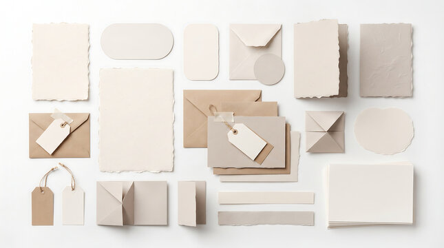 Handmade stationery set with deckle edge paper envelopes and tags for wedding invitation mockups
