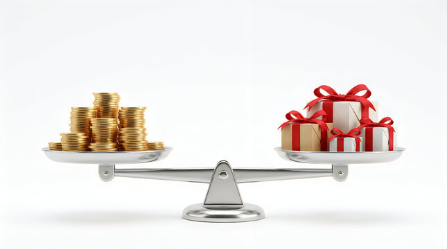 A balance scale weighing gold coins against gift boxes with red ribbons, representing the value of consumer spending and holiday shopping choices