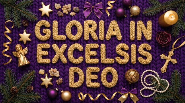 Gloria in Excelsis Deo Christmas Decoration on Purple Knitted Background