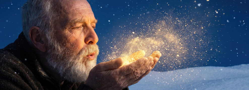 senior caucasian man blowing sparkling golden magic dust from hands in snowy winter evening. holiday miracle concept. banner, website header with copyspace.
