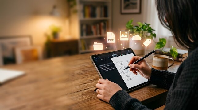 Woman using digital tablet with stylus pen and glowing file icons above screen