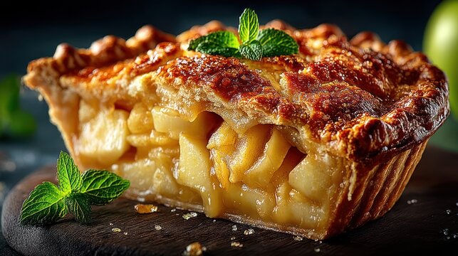 Close-up of a golden apple pie slice on a wooden board, garnished with fresh mint
