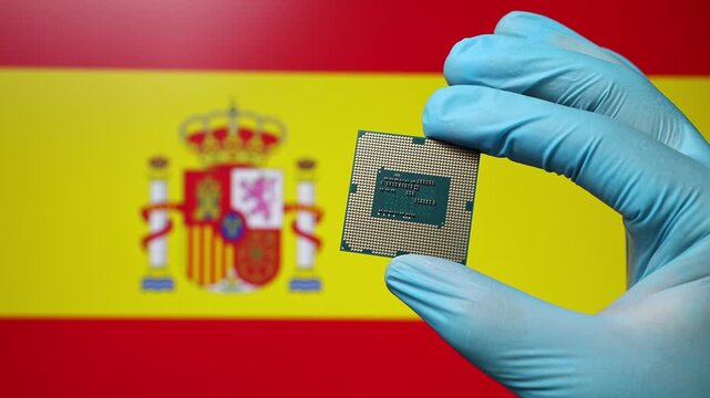 Close up view of hand in blue glove holding CPU microchip. Spanish flag in blurred background. Concept of semiconductor shortage and artificial intelligence development in Spain.