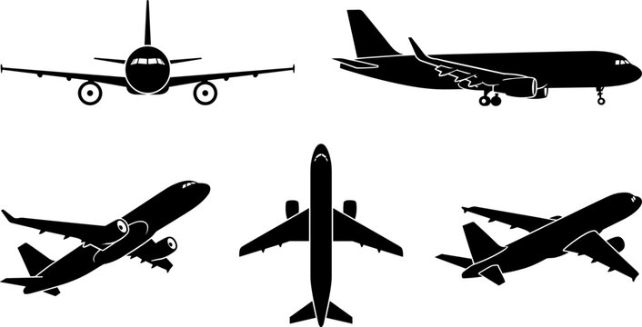 Airplane and passenger jet aircraft vector icon set featuring front view, side view, top view, and flight angles   