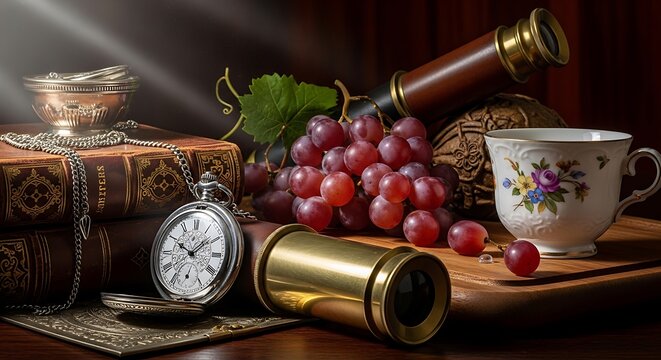 Vintage still life with pocket watch grapes and tea cup composition historical