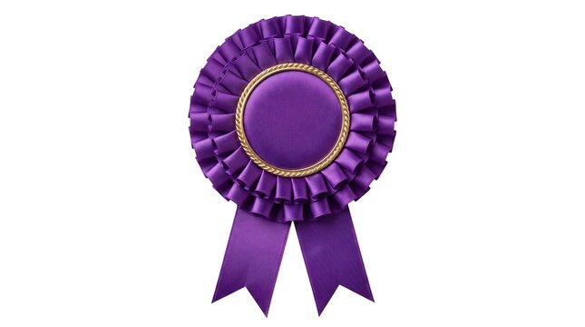Purple fabric rosette ribbon with a gold braided border, isolated on white