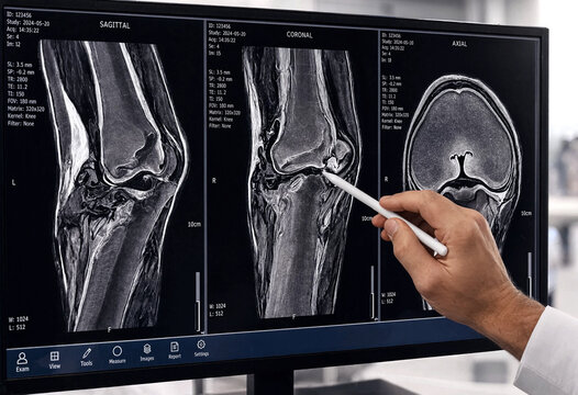Medical professional analyzing MRI scans of knee joint images on digital screen