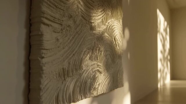 Textured cream wall panel catches warm sunlight while patterned shadows fall across its deeply grooved relief surface, creating a calm close-up view inside a minimal neutral interior
