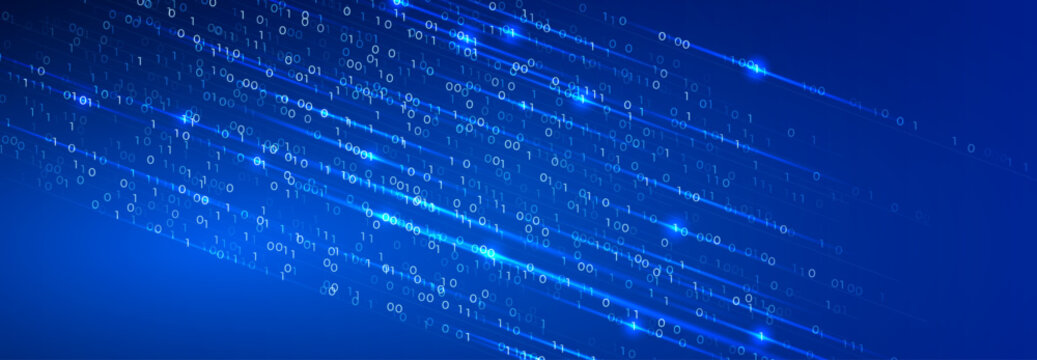 Glowing meteor shower of binary code for tech startups, innovation and tech AI implementation conference BG, digital transformation background, zeros and ones on blue background. Vector illustration