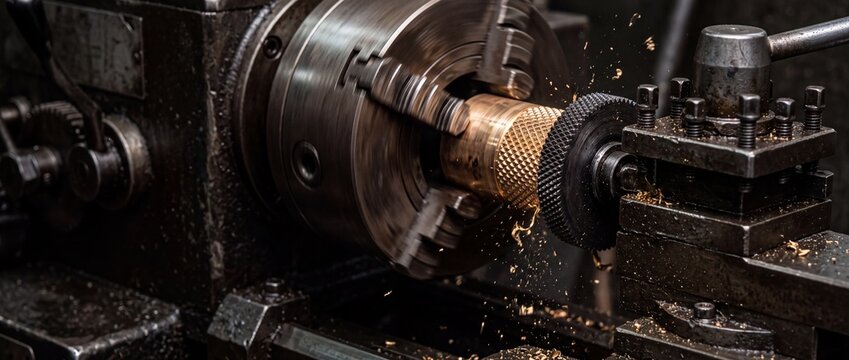 Metal lathe turning brass rod creating sparks and shavings industrial setting.