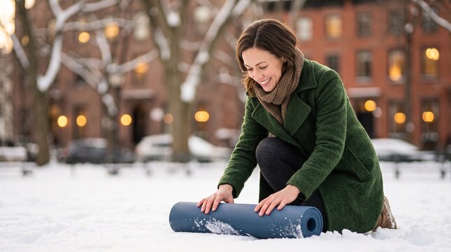 yoga mat in snow, Young woman unrolling yoga mat outdoors in snowy city park  
