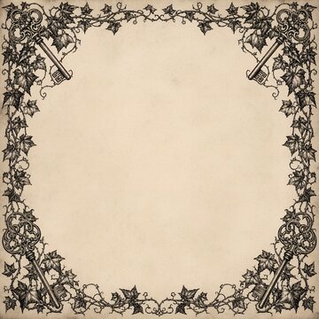 Vintage Botanical Ivy Vines and Antique Skeleton Keys Engraving Border Frame