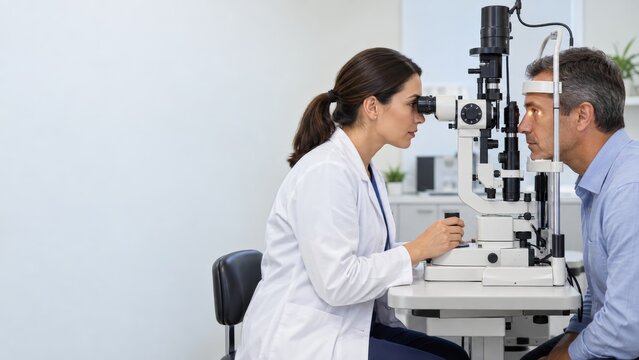 Ophthalmologist Examining a Man with a Slit Lamp in a Bright Eye Clinic