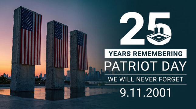 Patriot Day 25 years remembering memorial with waving American flags and city skyline backdrop for 9 11 2001 commemoration signifying enduring spirit and national unity with text we will never forget.