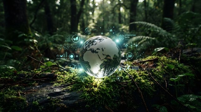 Holographic earth sphere with digital ecosystem data icons glowing in lush forest setting