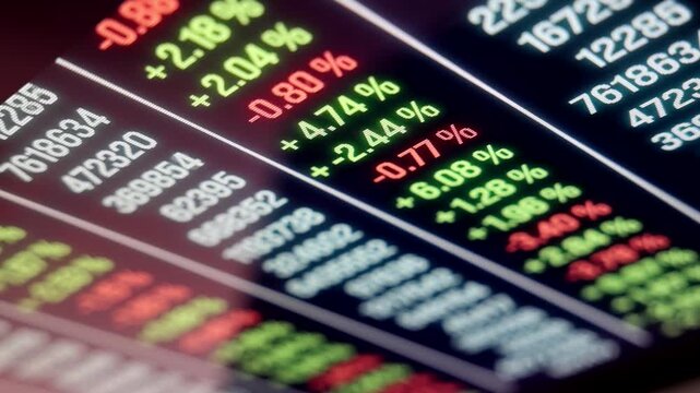 Close-up stock market trading screen with market data, trading volume, prices and percentage changes. Investment strategy, analyzing, data spreadsheet, financial figures, trading board, exchange infor