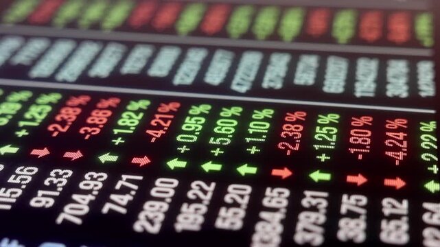 Close-up stock market trading screen with market data, trading volume, prices and percentage changes. Investment strategy, analyzing, data spreadsheet, financial figures, trading board, exchange infor