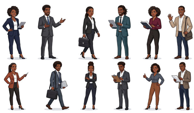 Diverse Black Businesswomen and Businessmen Professional Cartoon Characters