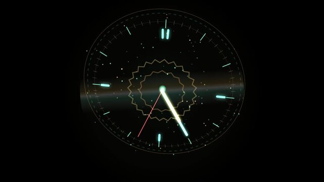 Glowing futuristic digital clock face with abstract neon light patterns on a dark background