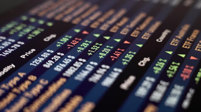 Close-up screen with ETF exchange trading funds information, prices and stock market data. Wealth, investment strategy, making money, growth.