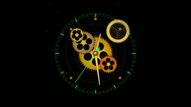 Abstract clock face with glowing golden mechanical gears and clockwork parts on a dark background
