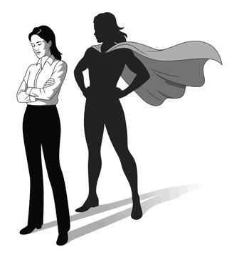 A grayscale of a woman standing with arms crossed, casting a large superhero shadow on the wall behind her, representing inner strength and hidden power