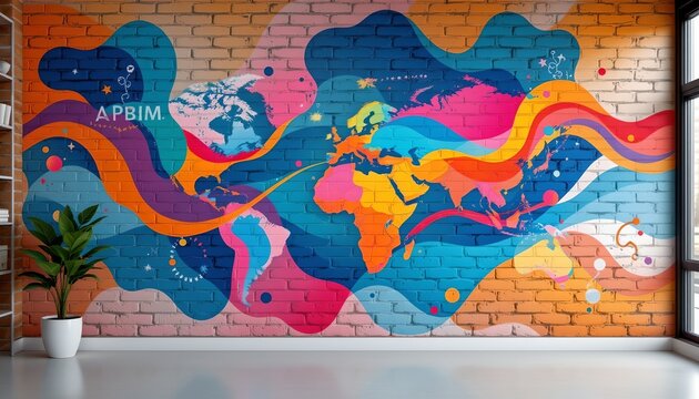 The image features a vibrant, colorful mural painted on an interior brick wall, depicting a stylized world map with continents in bright shades of orange, yellow, and pink