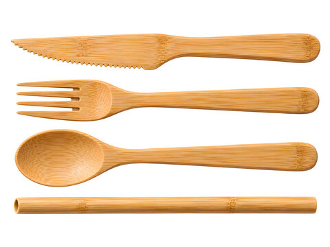 Eco-friendly bamboo cutlery set, sustainable wooden utensils, natural dining tools isolated on Transparent Background