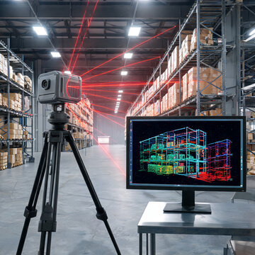 Macro shot of a compact LiDAR sensor module with lens array on a neutral background, industrial scanning technology concept