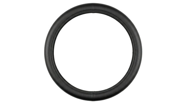 Black leather car steering wheel cover on white background