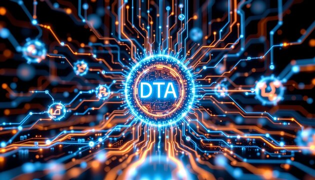 The image features a central digital element labeled "DTA" surrounded by a glowing, circular pattern that resembles a futuristic hub or core