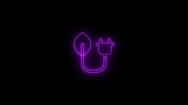 Neon purple electric plug with leaf icon glowing on black background