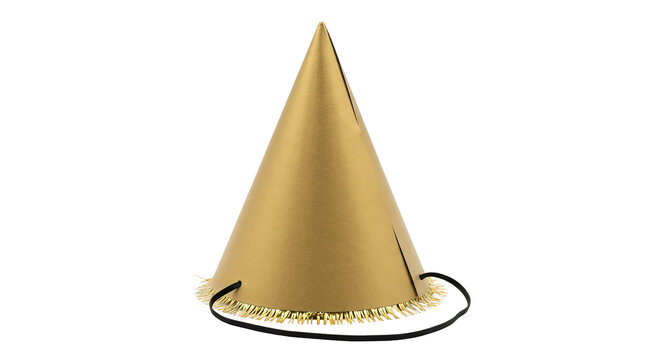 Gold party hat with fringe detail on plain background