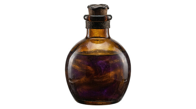 Ancient glass potion bottle with cork stopper and purple liquid swirls