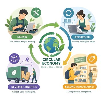Circular economy and sustainable lifecycle infographic featuring repair workshops, equipment refurbishing, reverse logistics trucks, and second-hand markets.
