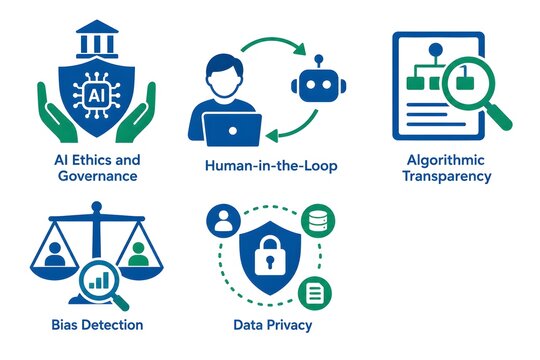 AI ethics, governance, and algorithmic transparency icon set featuring human-in-the-loop workflows, bias detection, and secure data privacy shields.